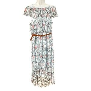 Off Shoulder Summer Dress Juniors Size XXL 19 Lace‎ Belt Blue Floral